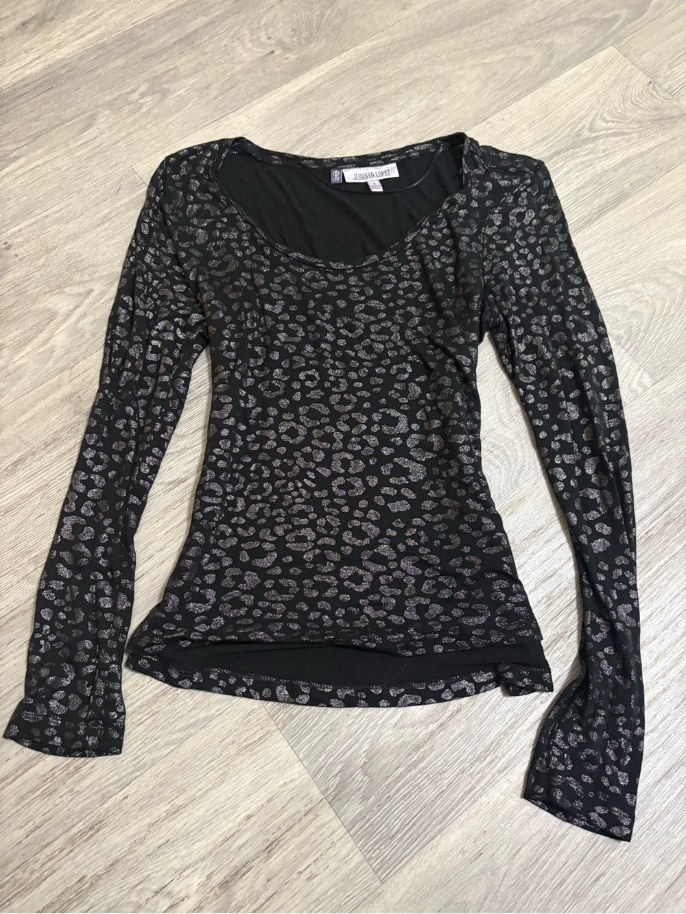 Valerie Stevens Black Metallic Leopard Scoop Neck Long Sleeve Tee